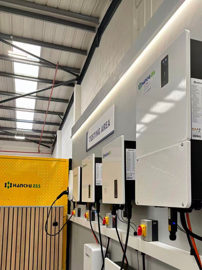 HANCHU ESS Service Centre testing area showing single phase inverters and system equipment