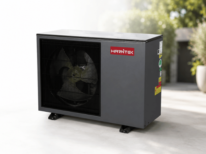 Harnitek air source heat pump installed outside a home